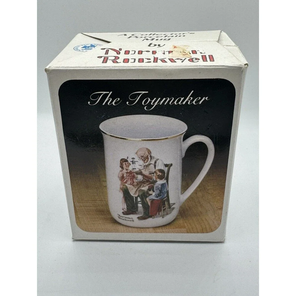 Norman Rockwell Coffee Mug The Toymaker Vintage 1982 Cup Gold Trim Excellent